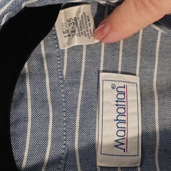 Men's Manhattan 15-1/2 34-35 long sleeved, Blue/white striped dress shirt - Picture 3 of 4